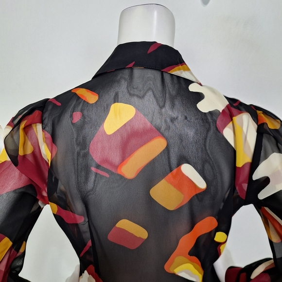 Worthington Sheer Abstract Multicolor Print Ruffle Button-Down Blouse Size S - Picture 7 of 13